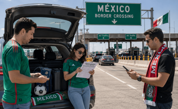 Aficionados mexicanos revisan documentos de viaje en cruce fronterizo hacia México para asistir al Mundial 2026