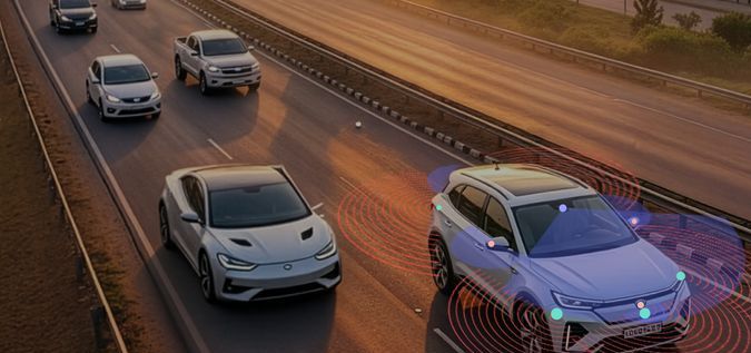 Vehículo autónomo de Mobileye muestra sensores y radares activos mientras conduce por carretera