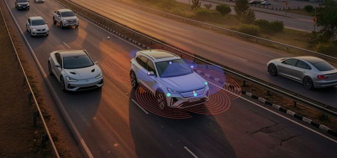 Vehículo autónomo de Mobileye muestra sensores y radares activos mientras conduce por carretera