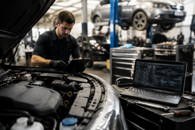 Mecánico usa tableta y software de diagnóstico en taller automotriz para reparar motor de auto moderno