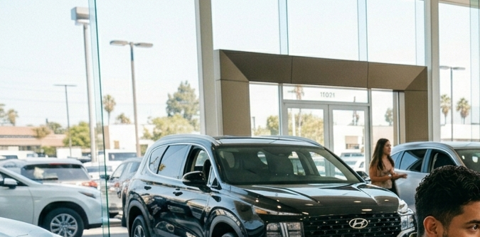 Pareja joven comprando auto en concesionario California 2026, asesor de ventas mostrando documentos y vehículos nuevos en showroom.