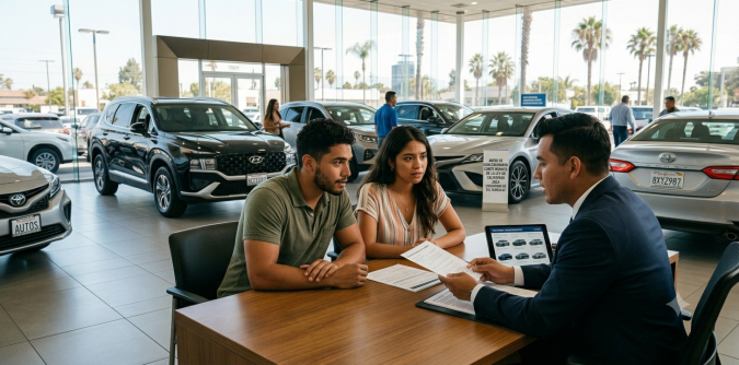 Pareja joven comprando auto en concesionario California 2026, asesor de ventas mostrando documentos y vehículos nuevos en showroom.