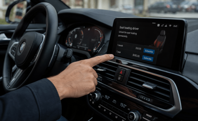 Pantalla BMW con suscripción mensual para activar calefacción de asientos del conductor por $18 al mes