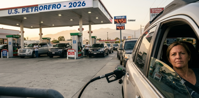 Conductora preocupada por alto precio de gasolina mientras hace fila en estación U.S. Petrorero 2026