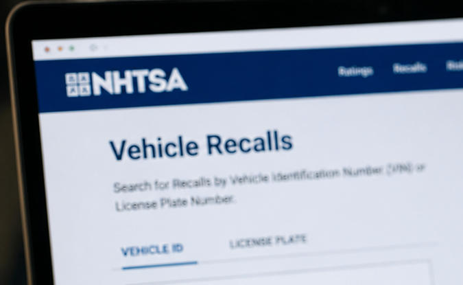 Manos consultando página web de recalls NHTSA en smartphone, con laptop mostrando comprobación de VIN de vehículos.