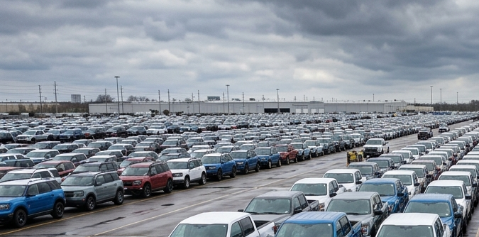 Gran lote con cientos de vehículos Ford en inspección masiva por recalls 2026, técnicos trabajando en el estacionamiento.
