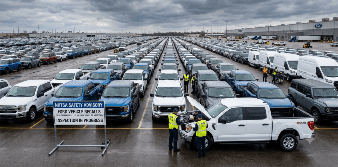 Gran lote con cientos de vehículos Ford en inspección masiva por recalls 2026, técnicos trabajando en el estacionamiento.