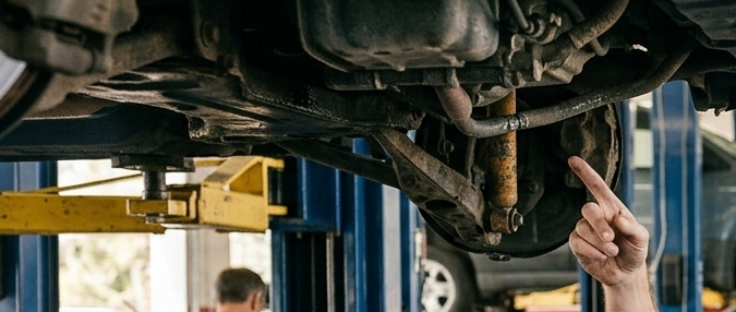 Mecánico de taller certificado ASE señala falla en motor a mujer cliente con llaves en mano