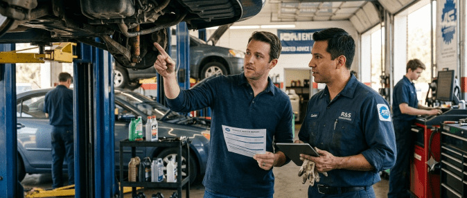 Mecánico de taller certificado ASE señala falla en motor a mujer cliente con llaves en mano