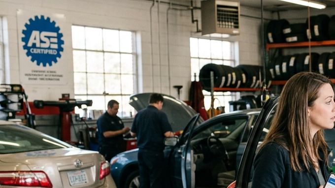 Mecánico certificado ASE explica reporte de salud vehicular a cliente en taller de reparación de autos