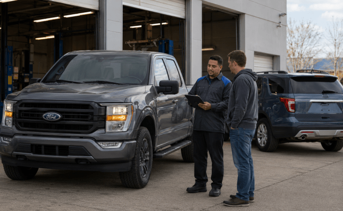 Técnicos Ford revisando tablet junto a pickup gris en taller de servicio oficial, proceso de recall y mantenimiento vehicular.