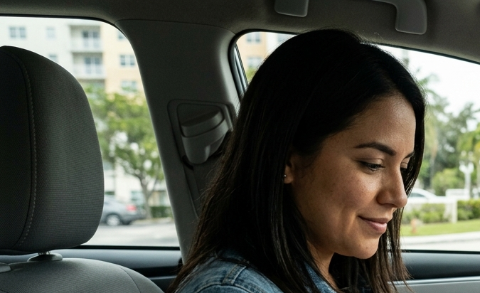 Mujer hispana revisando póliza de seguro de auto para nuevos residentes mientras conduce en Estados Unidos.