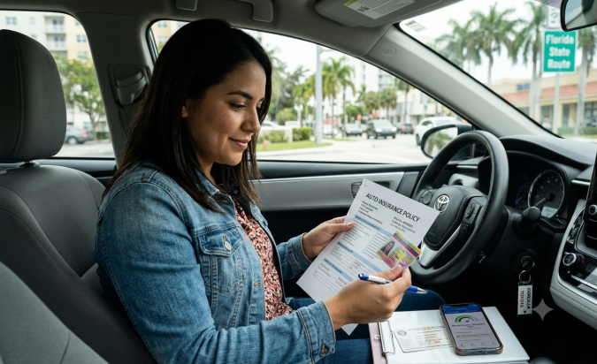 Mujer hispana revisando póliza de seguro de auto para nuevos residentes mientras conduce en Estados Unidos.