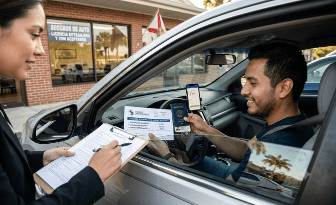 Agente de seguros entregando cotización de seguro de auto a nuevo residente hispano con pasaporte y licencia extranjera en Estados Unidos.