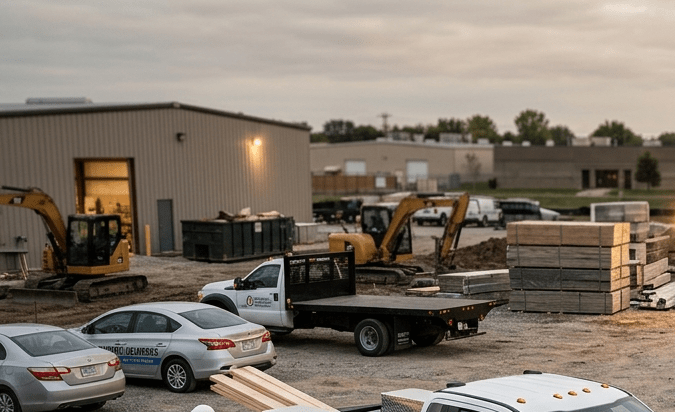 Furgoneta de trabajo y pickup en obra de construcción, trabajador con herramientas y señal de seguro comercial insured.