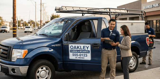 Ford F-150 azul con rotulación comercial Oakley Plumbing, hombre mostrando tablet a cliente junto a la camioneta de trabajo