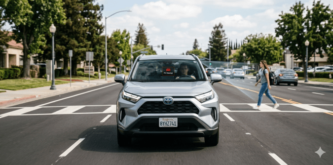 Sistema Pre-Colisión Toyota detectando una peatona en cruce con sensores avanzados para mayor seguridad vial.