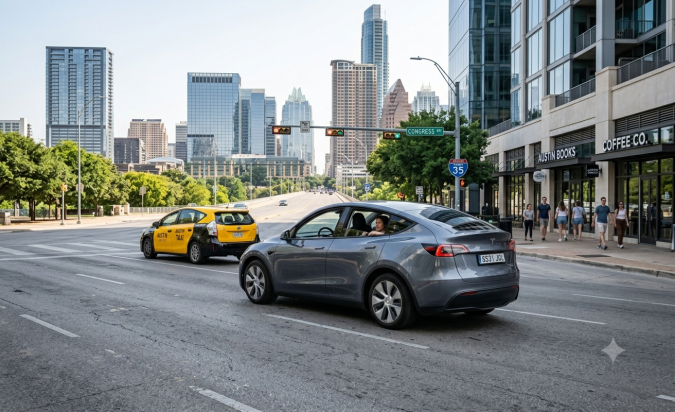Tesla Model Y gris junto a taxi amarillo en avenida de Austin, fotografía urbana del SUV eléctrico de Tesla.