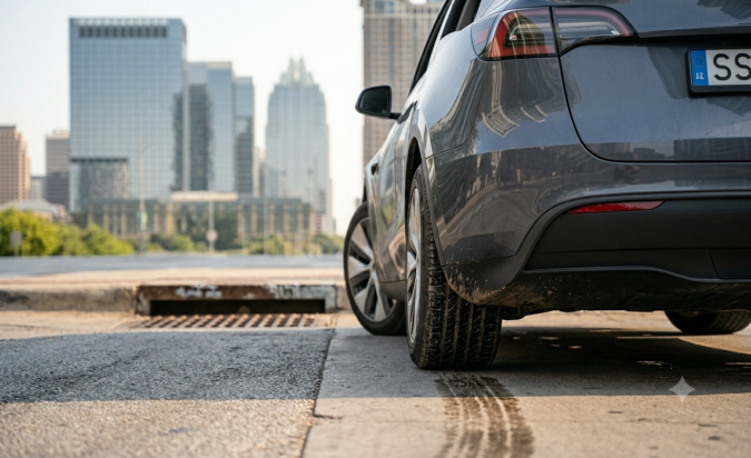 Detalle trasero del Tesla Model Y gris con ruedas sucias en entorno urbano, close-up del SUV eléctrico premium.
