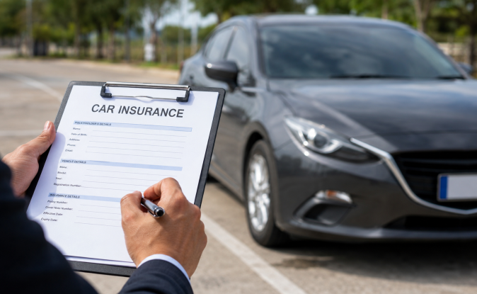 Formulario de seguro de coche en portapapeles con auto gris de fondo. Contratación de póliza de seguro automovilístico