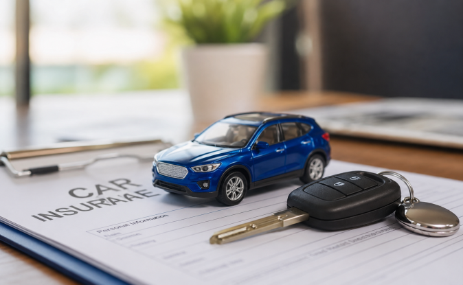 Documento de seguro de auto con llaves y maqueta de coche azul. Contratación y protección vehicular.
