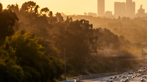 Tráfico denso en autopista al atardecer con fila de autos y camiones hacia el centro de la ciudad, congestión vehicular urbana.