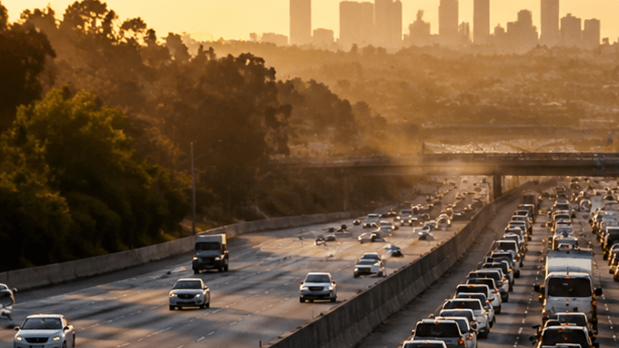 Tráfico denso en autopista al atardecer con fila de autos y camiones hacia el centro de la ciudad, congestión vehicular urbana.