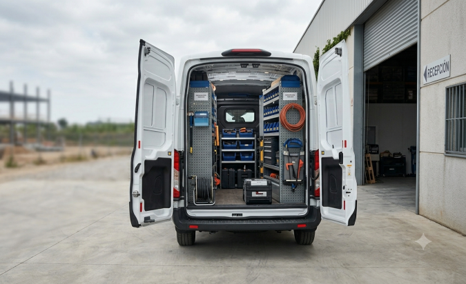 Furgoneta comercial blanca con puertas traseras abiertas mostrando interior organizado con estanterías, herramientas y equipo profesional