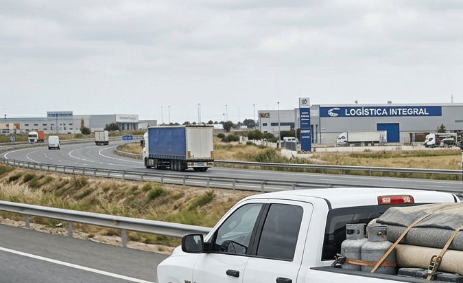 Pickup blanca circulando en autopista cargada de materiales y remolque con excavadora, vehículo de trabajo en movimiento