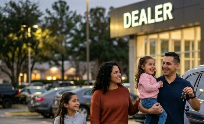 Familia feliz recibiendo su nuevo Toyota SUV azul en el concesionario. Compra familiar de auto nuevo con lazo rojo. Momento de alegría.