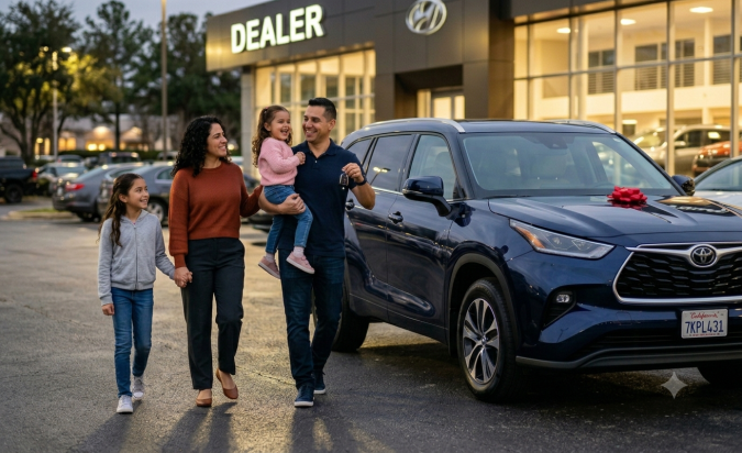 Familia feliz recibiendo su nuevo Toyota SUV azul en el concesionario. Compra familiar de auto nuevo con lazo rojo. Momento de alegría.