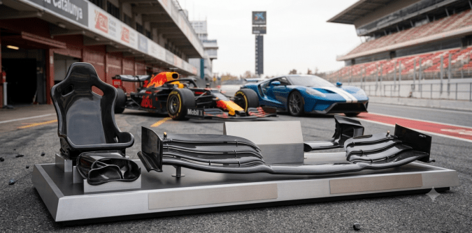 Componentes de fibra de carbono de Fórmula 1 en exposición con monoplaza Red Bull y Ford GT en el Circuit de Barcelona