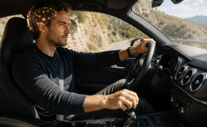 Hombre conduciendo coche con caja manual. Entrenamiento cerebral y beneficios cognitivos al manejar transmisión manual en carretera.