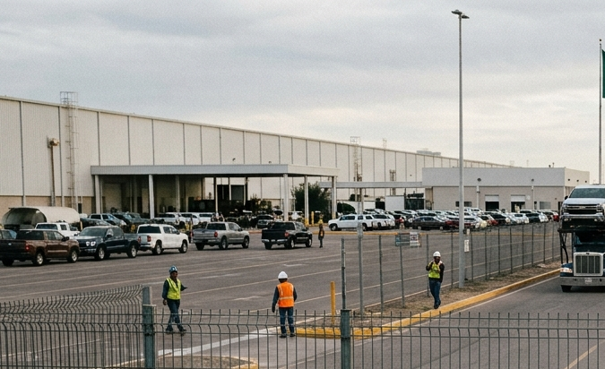 Patio de distribución de vehículos en frontera México-Estados Unidos-Canadá con banderas del T-MEC. Industria automotriz norteamericana.