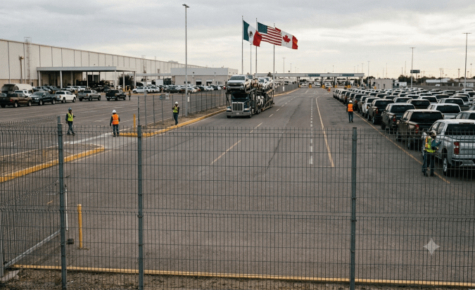 Patio de distribución de vehículos en frontera México-Estados Unidos-Canadá con banderas del T-MEC. Industria automotriz norteamericana.