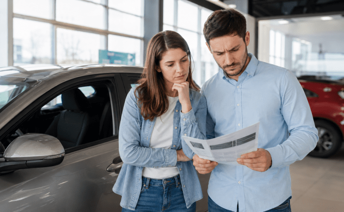 Pareja joven revisando documentos de compra en concesionario junto a auto gris. Decisión de adquisición de vehículo nuevo.