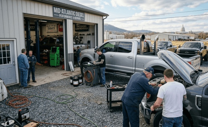 Taller mecánico de tuners diesel con pickups modificadas y técnicos realizando reparaciones de emisiones.