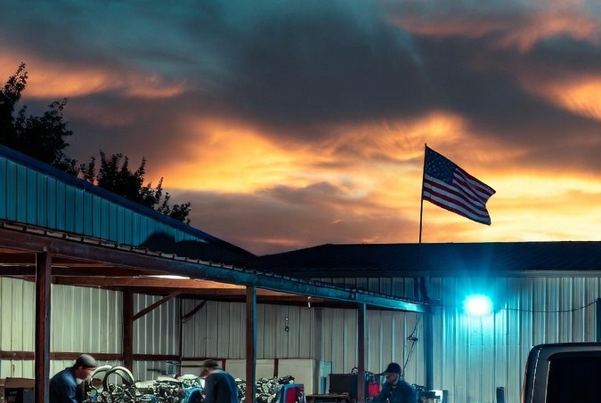 Pickup truck tuner customizada frente a taller mecánico al atardecer con bandera americana.