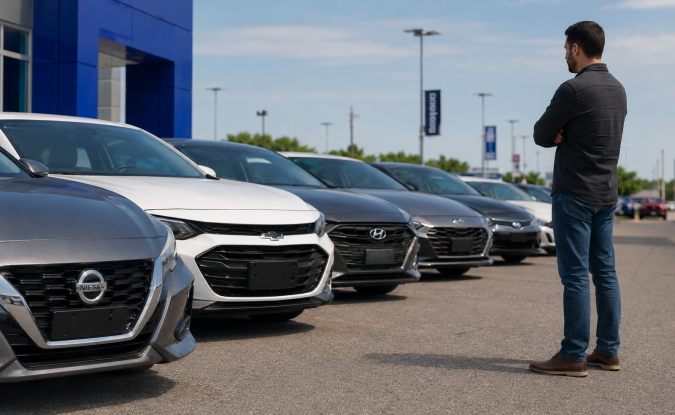 Comprador evalúa vehículos usados en un concesionario para elegir un automóvil con opciones de financiamiento y crédito automotriz.