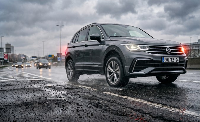 SUV usado circulando bajo la lluvia, ejemplo de prueba de manejo y frenado en carretera.