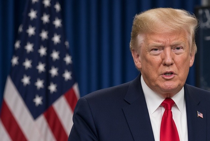 Donald Trump habla sobre aranceles a vehículos ante medios de comunicación, con banderas estadounidenses y automóviles al fondo.