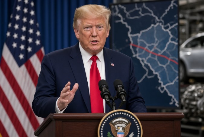 Donald Trump habla sobre aranceles a vehículos ante medios de comunicación, con banderas estadounidenses y automóviles al fondo.