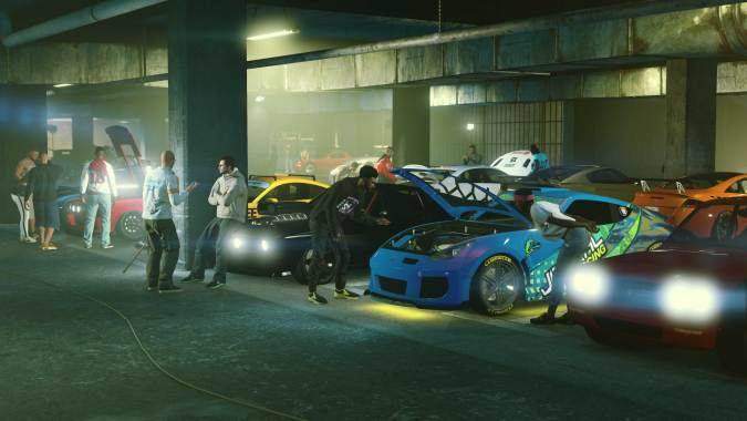 GTA 6 presenta una reunión clandestina de autos modificados y vehículos deportivos en un estacionamiento subterráneo.