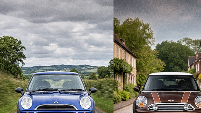 Collage de diez modelos Mini Cooper clásicos y modernos, fotografiados de frente en distintos paisajes y colores.