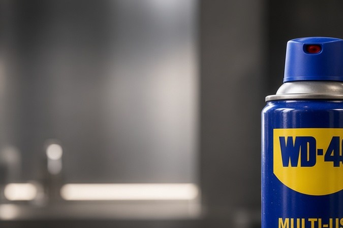 Lata de lubricante multiusos WD-40 sobre una mesa metálica en un taller moderno.