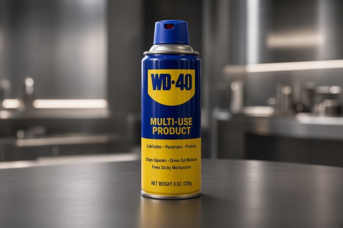 Lata de lubricante multiusos WD-40 sobre una mesa metálica en un taller moderno.