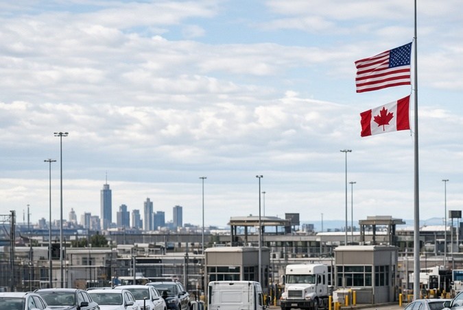 Camiones cargados con vehículos atraviesan una zona fronteriza entre Canadá y Estados Unidos, en medio de posibles aranceles automotrices.