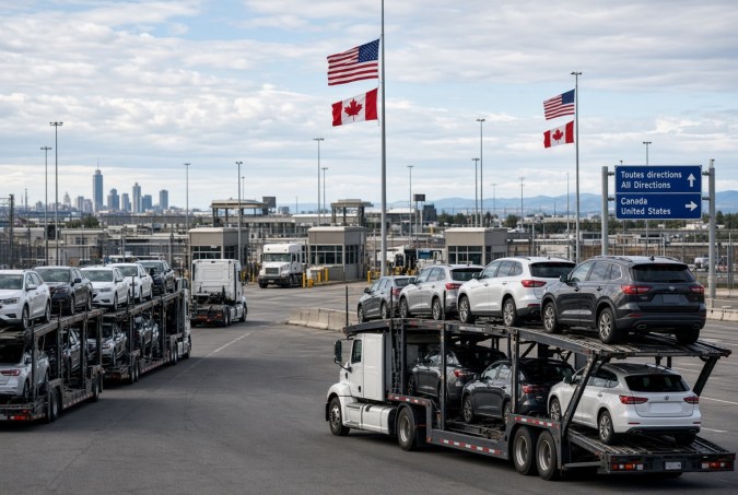 Camiones cargados con vehículos atraviesan una zona fronteriza entre Canadá y Estados Unidos, en medio de posibles aranceles automotrices.