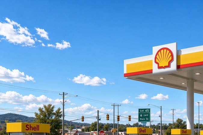 Autos junto a surtidores en gasolinera Shell de Estados Unidos con tienda de conveniencia.