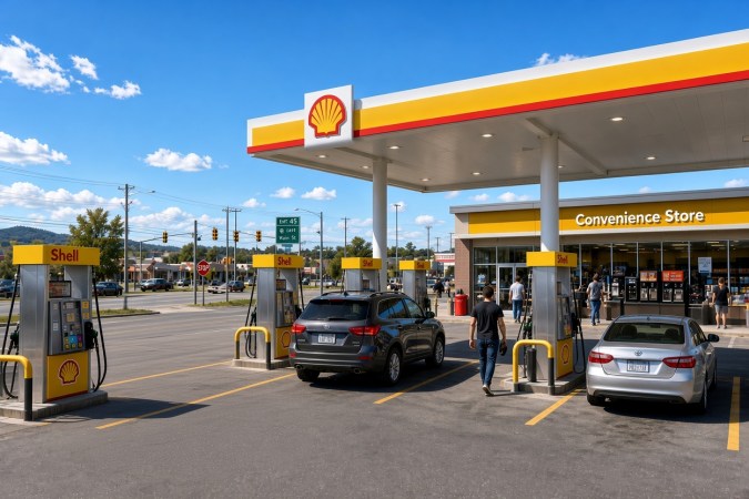 Autos junto a surtidores en gasolinera Shell de Estados Unidos con tienda de conveniencia.